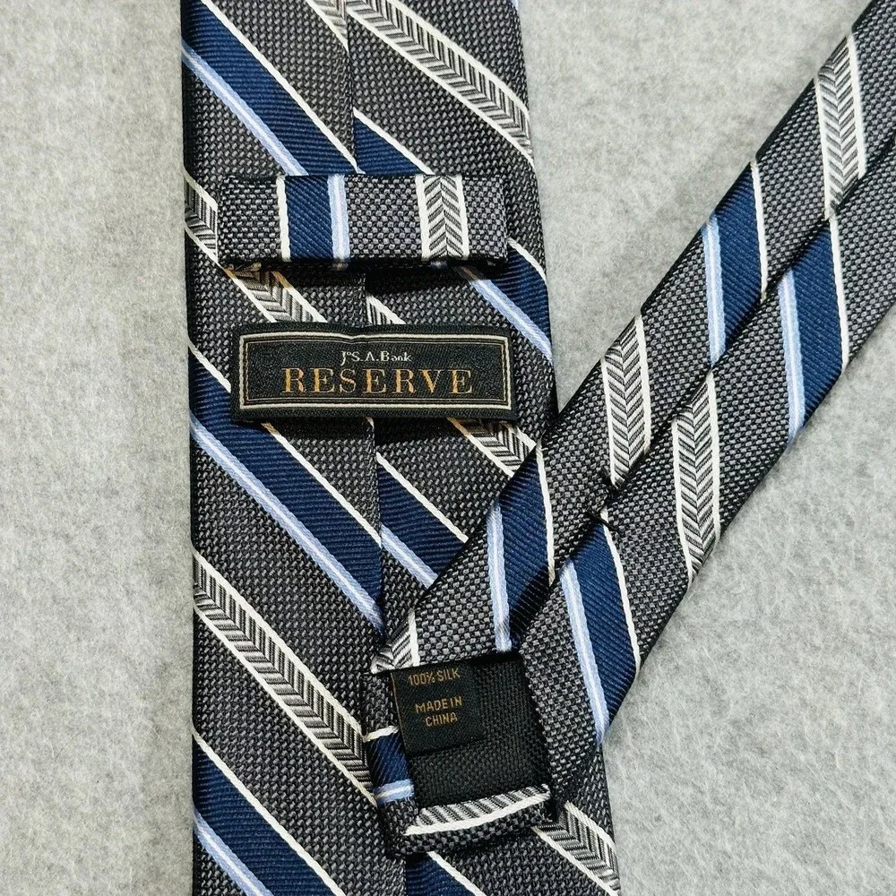 Jos A Bank Reserve Silk‎ Tie Gray Blue Striped Classic Mens Necktie 59x3.1in